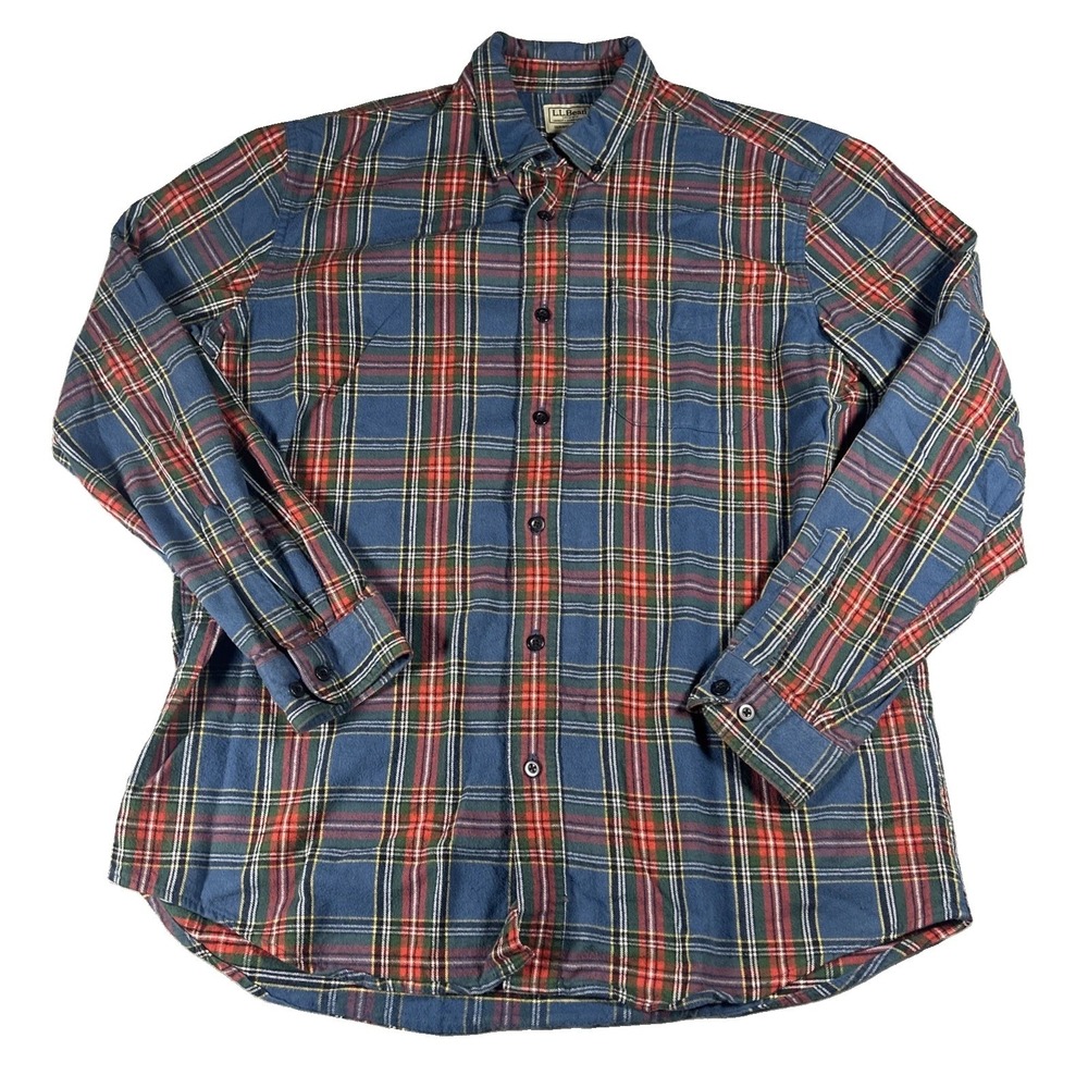 LL Bean Flannel Shirt Men Large Red Blue Green Scotch Plaid Traditional Fit
